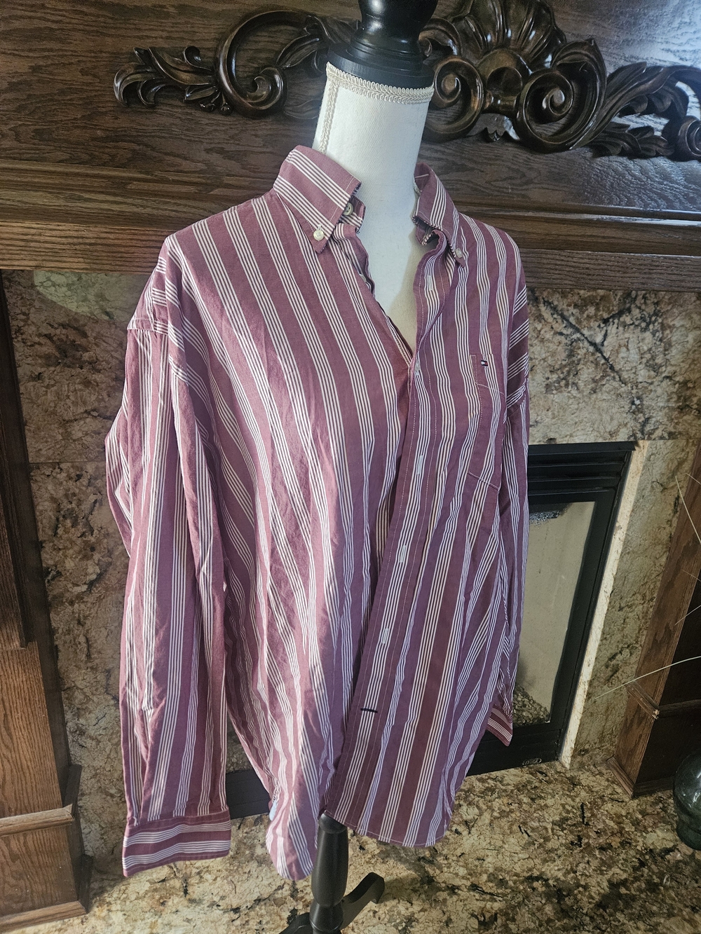 Tommy Hilfiger Burgundy and White Striped Button-Down Shirt